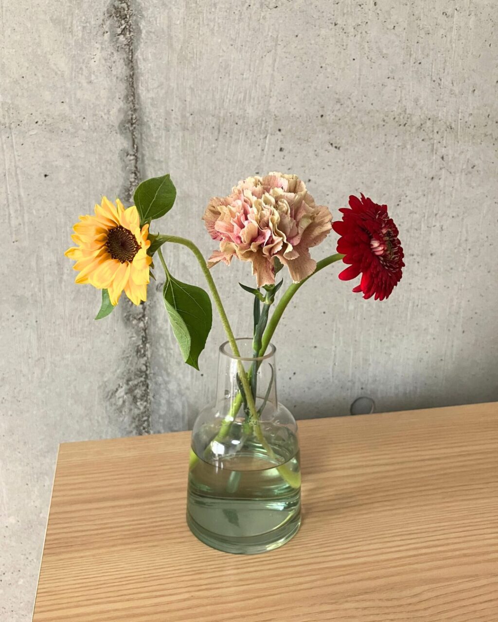 花の定期便＋hana（タスハナ）の+ act for flowersプランで届いたお花ガーベラ、ひまわり、カーネーションの計3本を花瓶に生けた様子