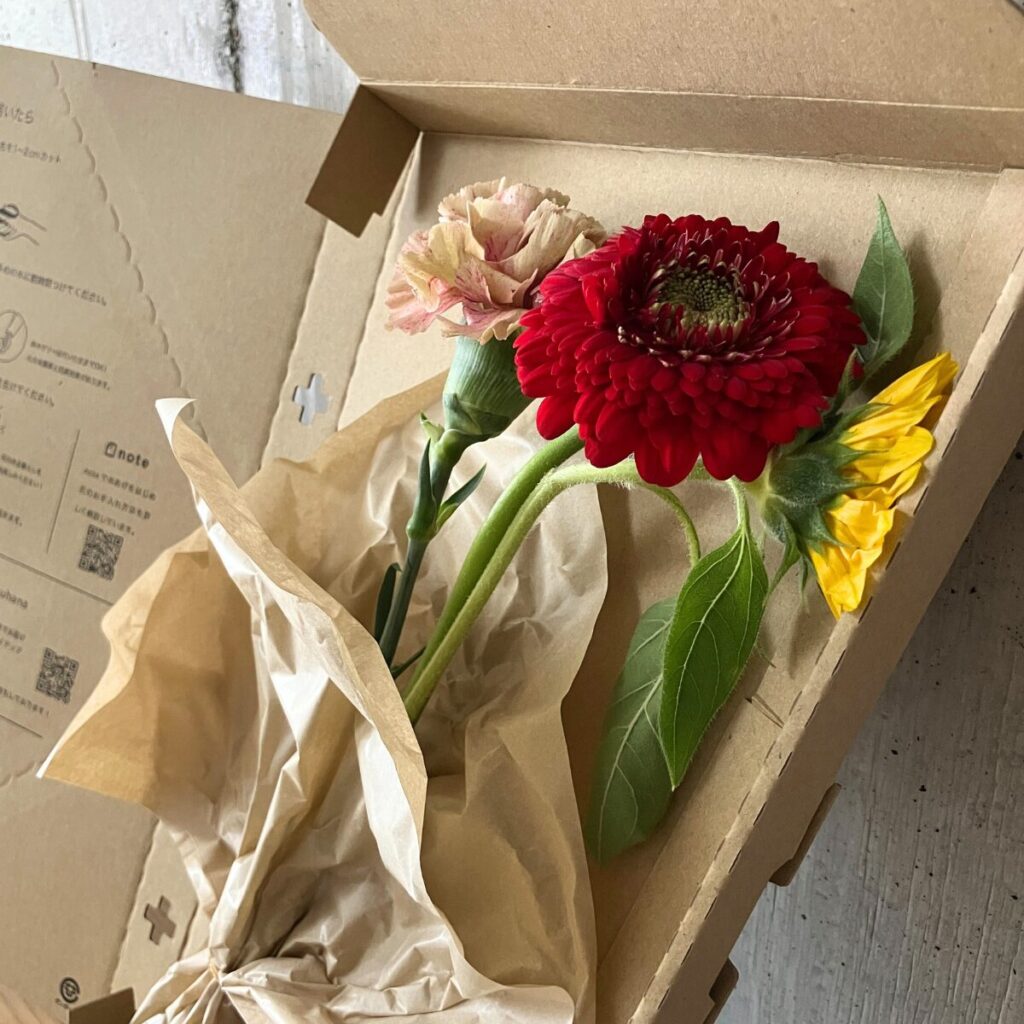 花の定期便＋hana（タスハナ）のお花が届いた箱の中の状態