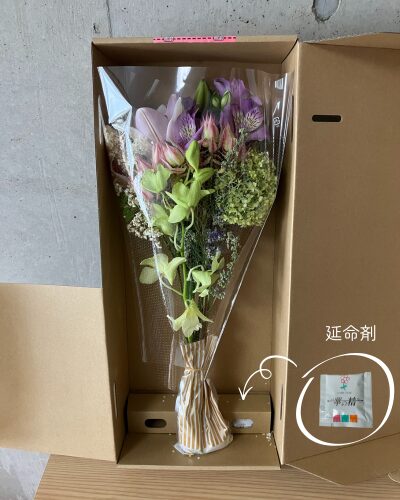 medeluのANYROOMコースのボリュームBasicのお花が届いた箱を開封した様子に延命剤が入っている位置を示した様子
