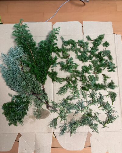 クリスマスツリーの製作過程。針葉樹3~5㎝にカットして、下葉を取り除いた引きの写真