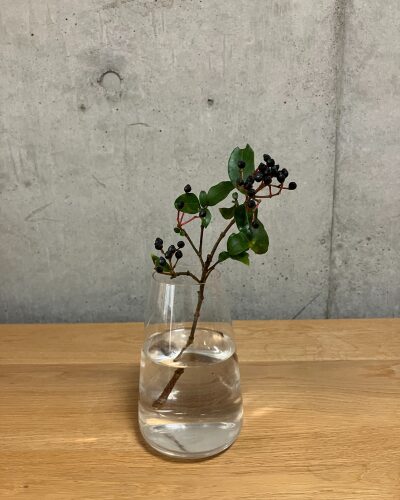 ティナスの実と葉が付いた枝を透明のガラス花瓶に生けた様子