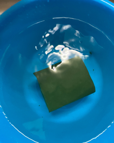 吸水フォームがバケツの水に完全に浸水している様子