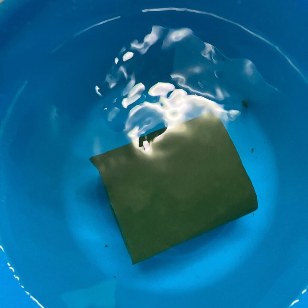 吸水フォームがバケツの水に完全に浸水している様子