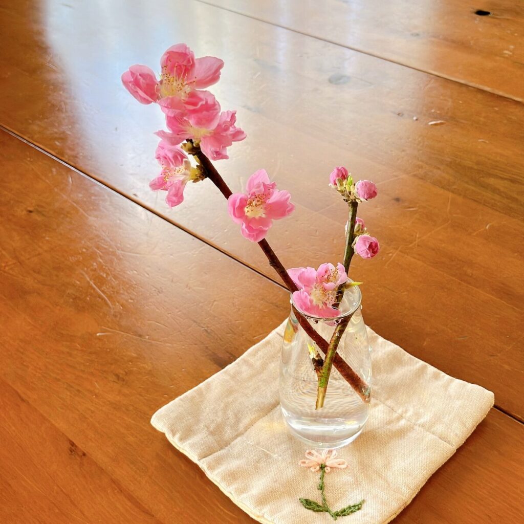 桃の枝を生けたガラス花瓶をコースターの上に置いている様子