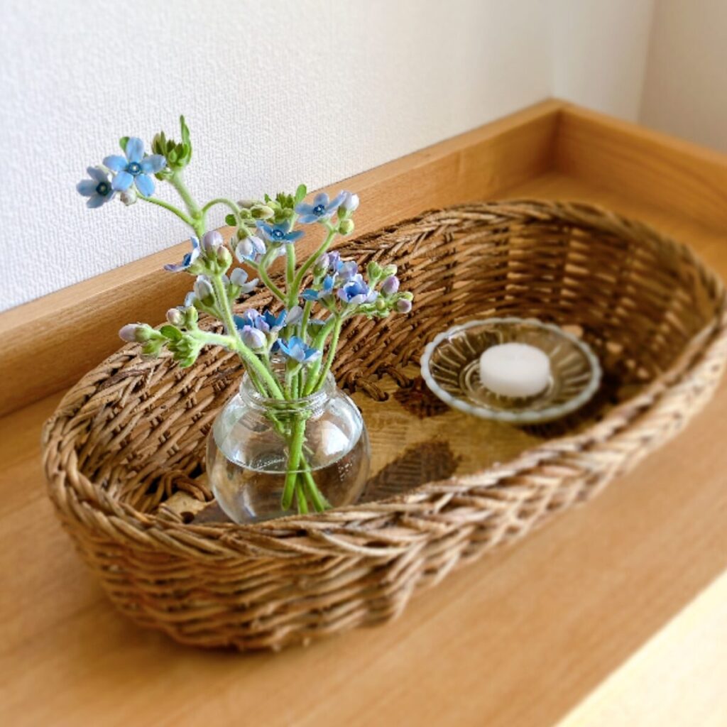 Blue Star flowers in a glass vase placed inside a basket with a tiled bottom