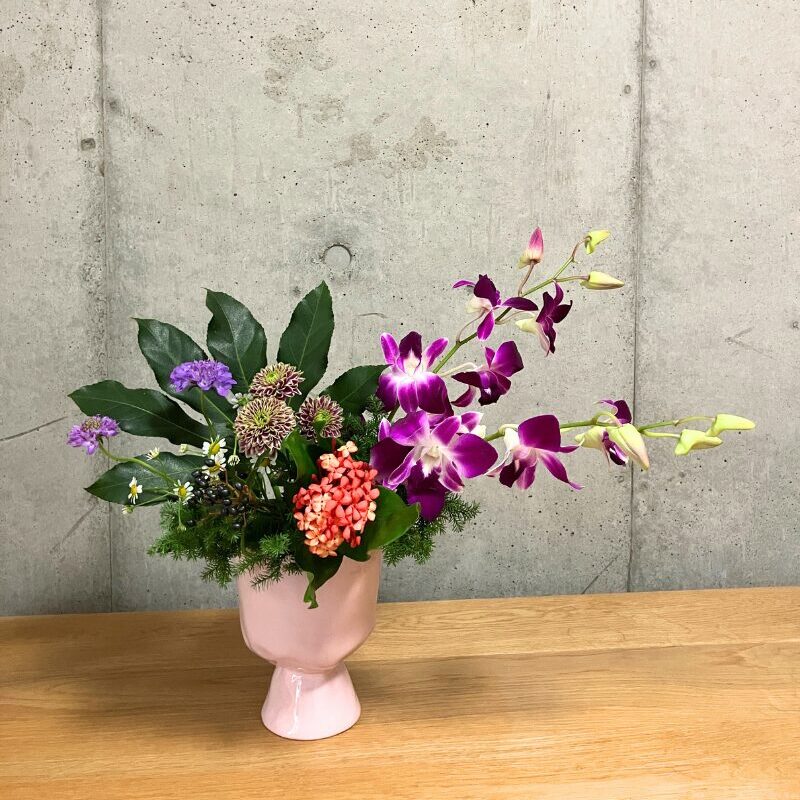 日本総合園芸の「アレンジメント花材コース」で出来た作品。ピンクの花器にセットした吸水フォームにヤツデ、デンファレ、サンタンカ、スプレーマム、ティナす、マトリカリア、サツマスギ、スカビオサを挿した様子