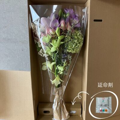 medeluのANYROOMコースのボリュームBasicのお花が届いた箱を開封した様子に延命剤が入っている位置を示した様子