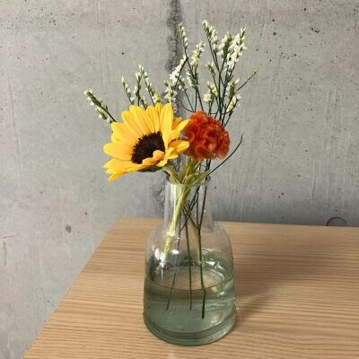 花の定期便＋hana（タスハナ）の+ act for flowersプランで届いた2回目のお花ひまわり、スターチス、ケイトウの計3本