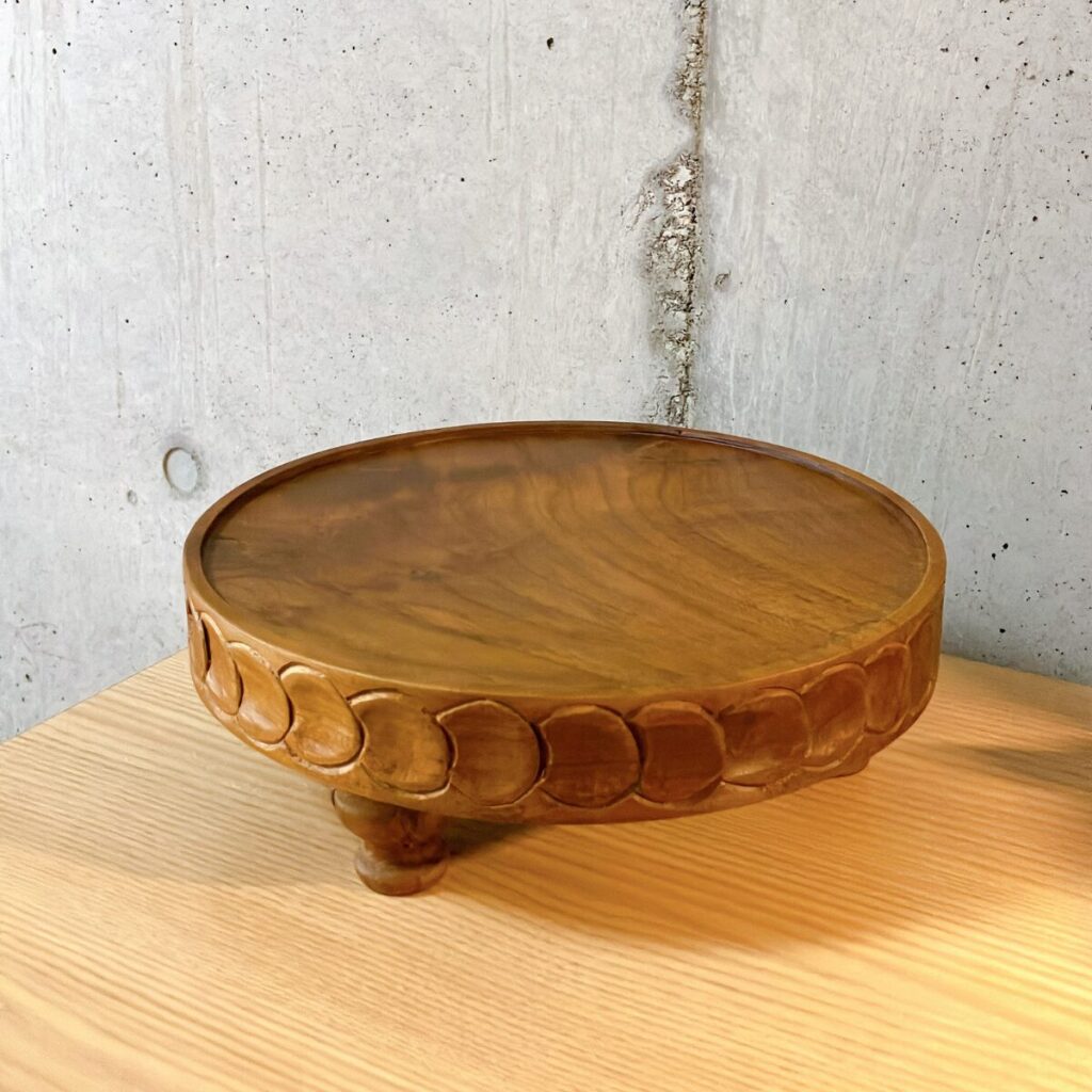 A minimalist 26cm wooden compote on a wooden sideboard for Japandi home decor