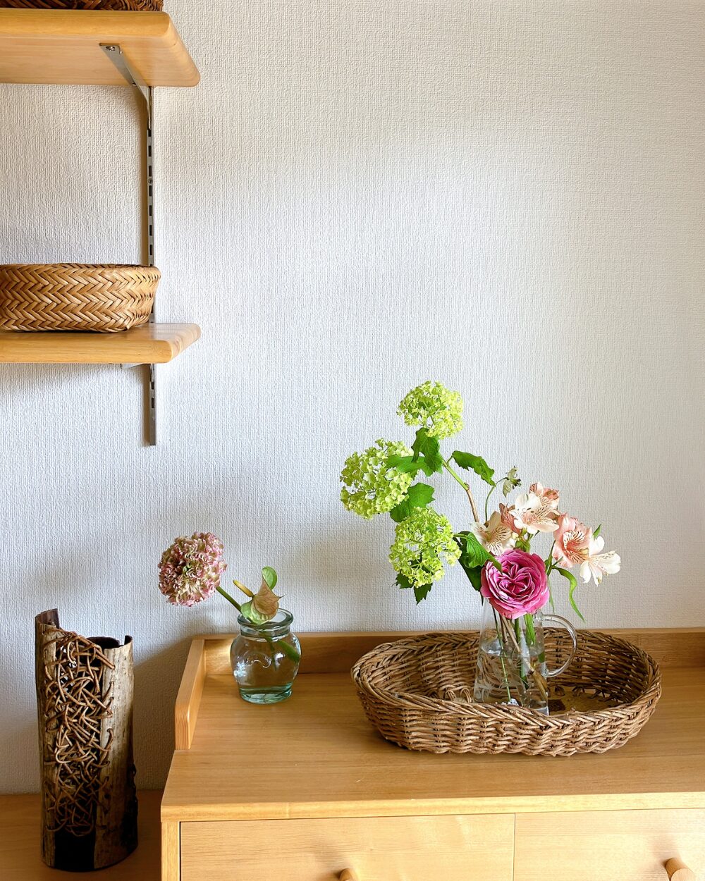 Modern Japanese lifestyle interior decorated with seasonal flowers, reflecting a calm and peaceful mood.