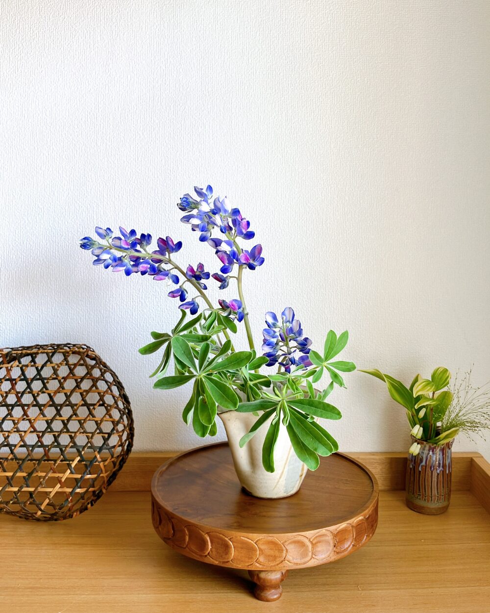 Blue lupinus flower arrangement in a Japanese ceramic soba-tsuyu pitcher on a wooden compote