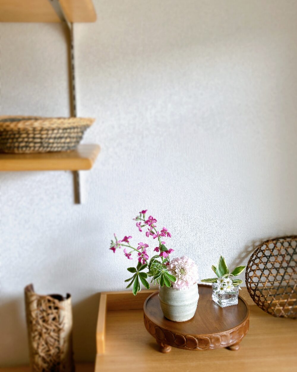 Modern rustic home interior featuring Scabiosa in a Mashiko-yaki vessel
