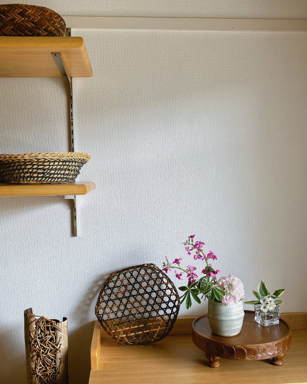 Modern rustic home interior featuring Scabiosa in a Mashiko-yaki vessel