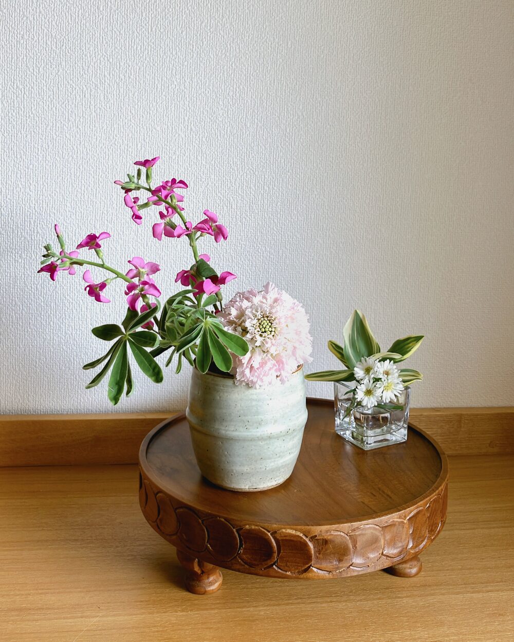 Pink Scabiosa and Stock with Lupinus leaves in a Mashiko-yaki jar.