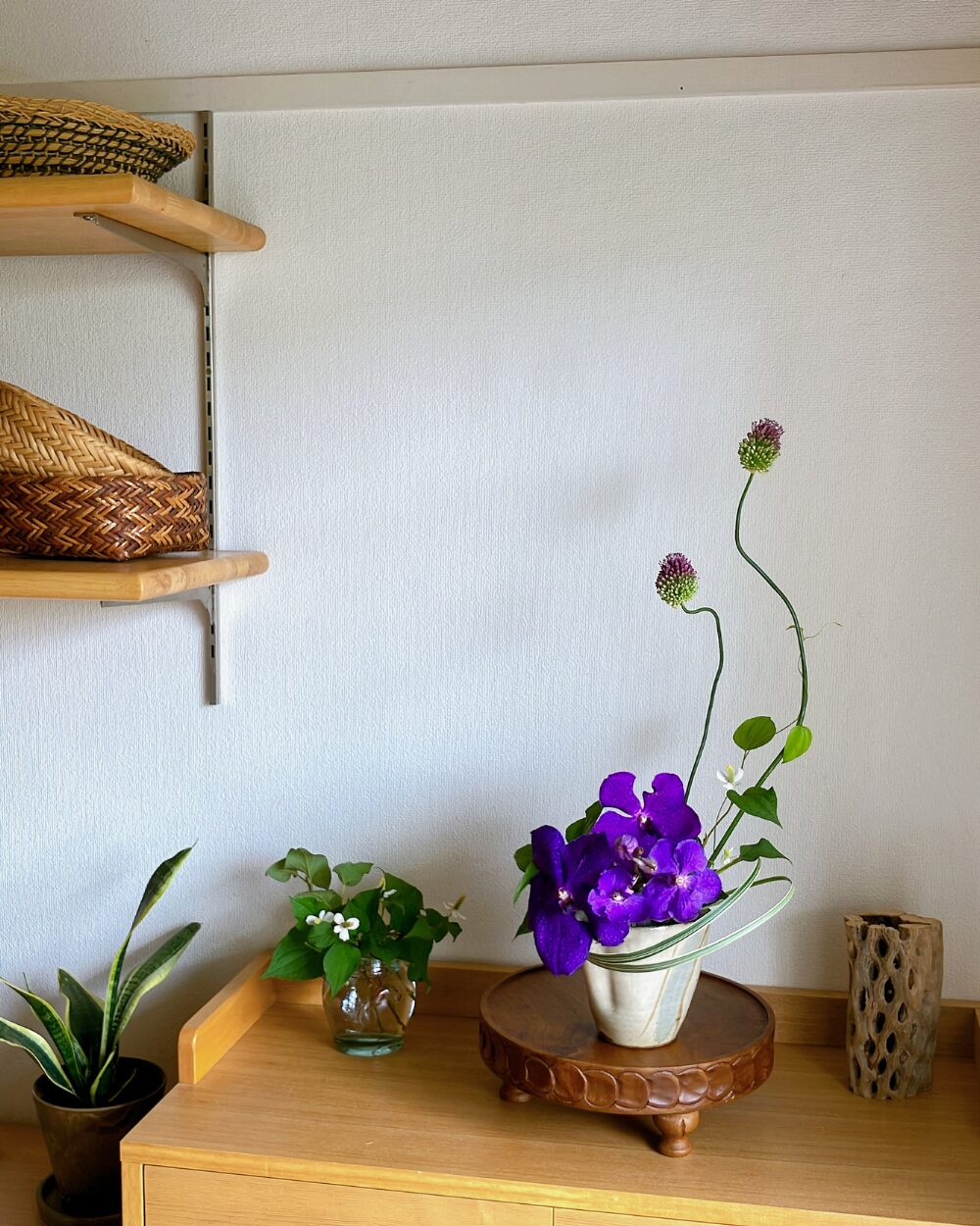Wide shot of a Vanda orchid arrangement on a wooden table in a minimalist home interior with a basket and plants.